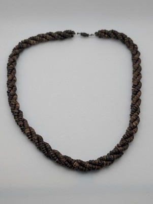 Vintage Twisted 3-Strand Coconut Husk Heishe Bead Necklace 18'' Dark Brown Boho