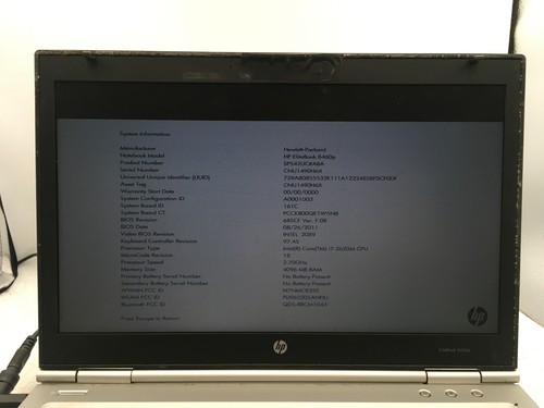 HP ELITEBOOK 8460P - BOOTS TO BIOS - INTEL I7 2620M - NO RAM - READ DESCRIP -BB - Picture 3 of 7