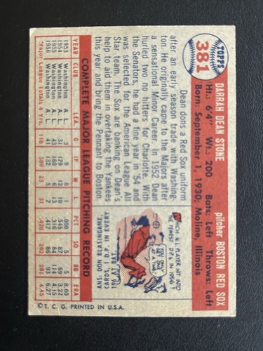 1957 Topps #381 Dean Stone Red Sox VG-EX+ - 第 2/2 張圖片