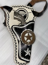 Vintage Hubley TEX Cap Gun 1950 Metal Single Shot Longhorn Steer Grip W/ Holster