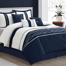 Luxury 7-Piece California King Comforter Set - White Navy Geometric Design