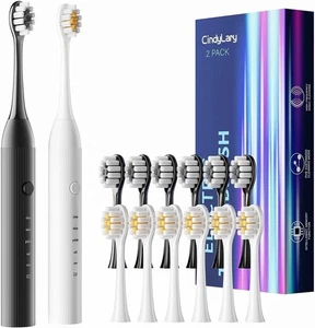2 Pack Electric Toothbrush Sonic Toothbrush USB Rechargeable 12 Heads 5 Modes