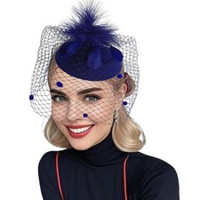 2025 Navy Fascinator Hat for Women   Feather Veil Pillbox w/ Headband  Clip