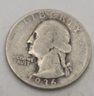 1936 Washington Quarter Dollar 90% Silver No Mint Mark Circulated