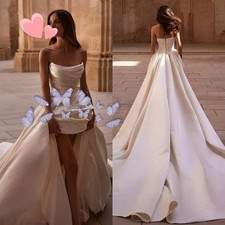 Pleats A Line Strapless Satin Wedding Dresses Backless Sweep Train Bridal Gowns