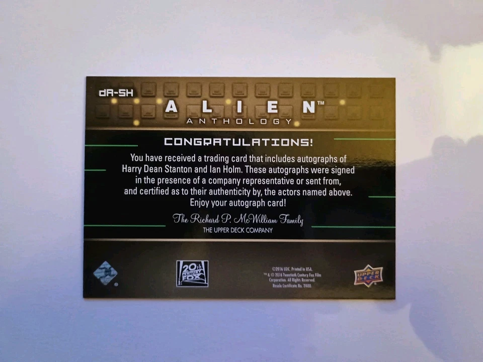 2016 Upper Deck Alien Anthology Duel Autograph Harry Dean Stanton, Ian Holm - Image 2 of 2
