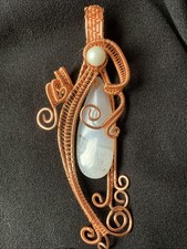 Copper Tone Faux White Bead Hand Made wire Wrapped Pendant