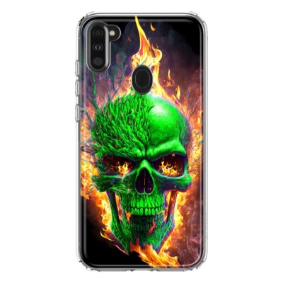 For Samsung Galaxy A11 Shockproof Hybrid Case, Green Flaming Fire Skull