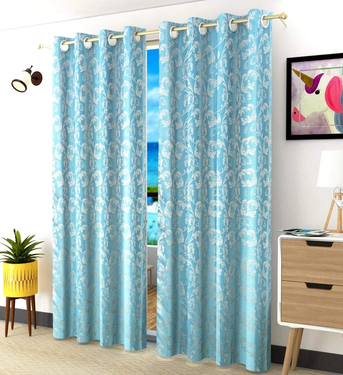 Nuevo Set De 2 Piezas Poliéster Puerta Cortinas Juego 2.7m Largo Aqua Azul