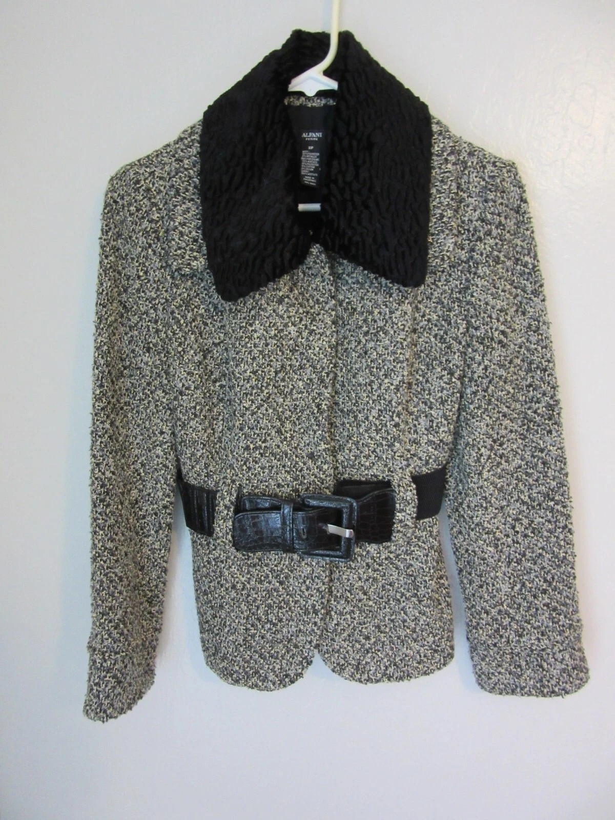 ALFANI Black Tweed Waist Belt 2P Long Sleeve Lined Gold Specs Snap Closure BR27