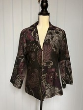 Chico's Size 1 Floral Brocade Purple Silver Black 2 Hook Closure Blazer Jacket