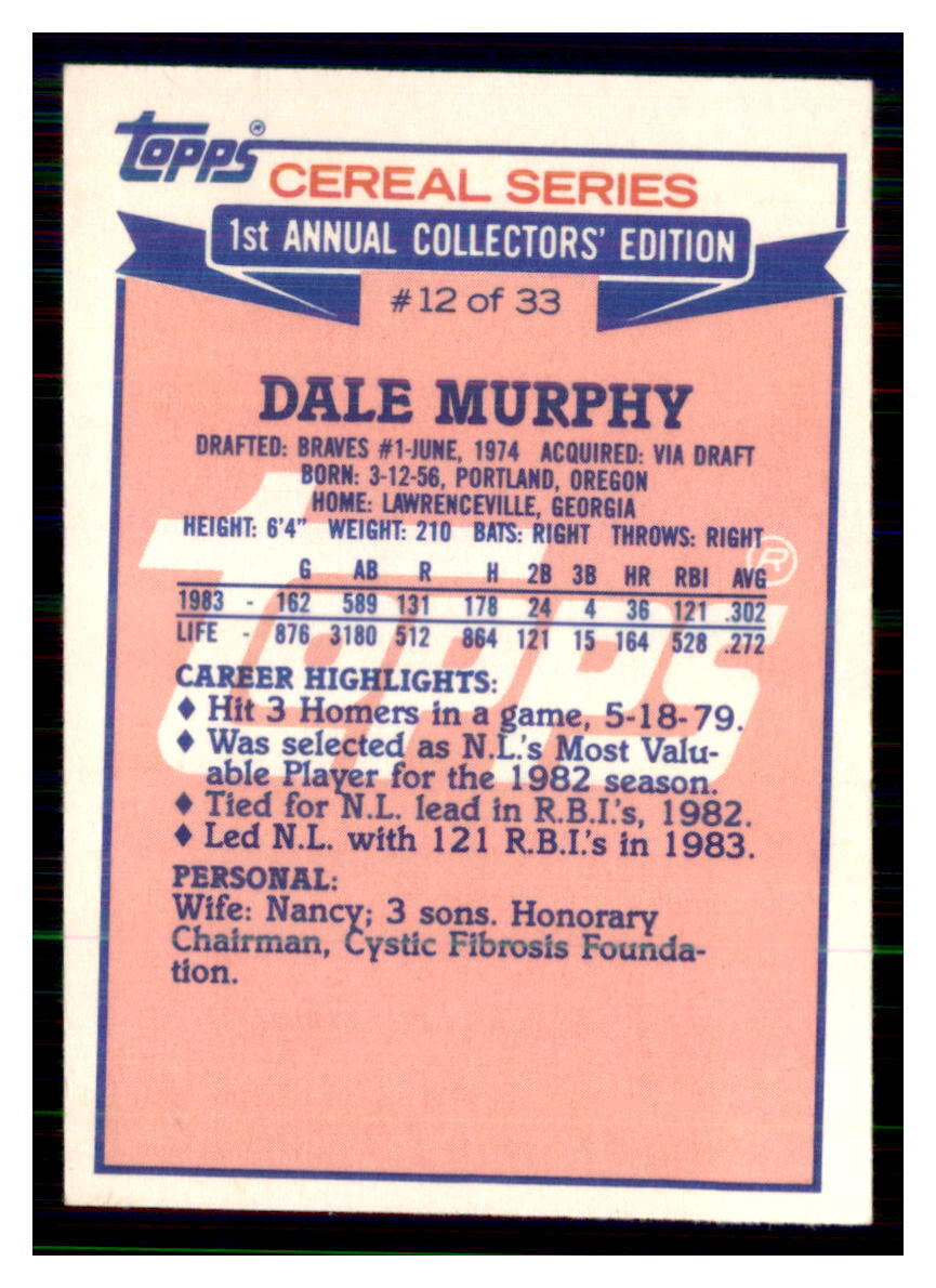 1984 Topps Cereal Series Baseball DALE MURPHY #7 - Picture 2 of 2