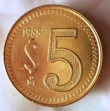 1988 Mexico 5 PESOS - AU/UNC - Uncommon Type Mexico Bin #5