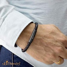 555Jewelry Stainless Steel Ribbed Clasp Braided Black Leather Bracelet for Mens