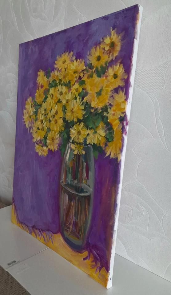 Crisantemos pintura al óleo original, flores en jarrón arte de pared, otoño amarillo Foto 4 de 4