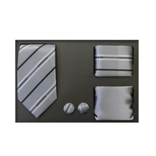 New Men's necktie solid  pattern hankie cufflinks 4 pc Gift Set black Gray