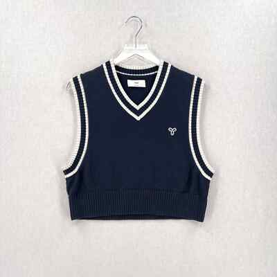 ARITZIA TNA Marcy Cropped Sweater Vest Womens Large Navy White Sleeveless  V-neck