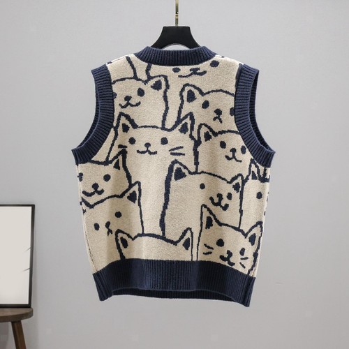 Knitted Sweater Vest Animal Print Pattern Waistcoat Sleeveless Gilets Vest - Picture 8 of 12