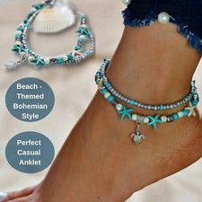 Beach-Themed Starfish Turtle Boho Anklet Multilayer Charm Beads Sea Foot Jewelry