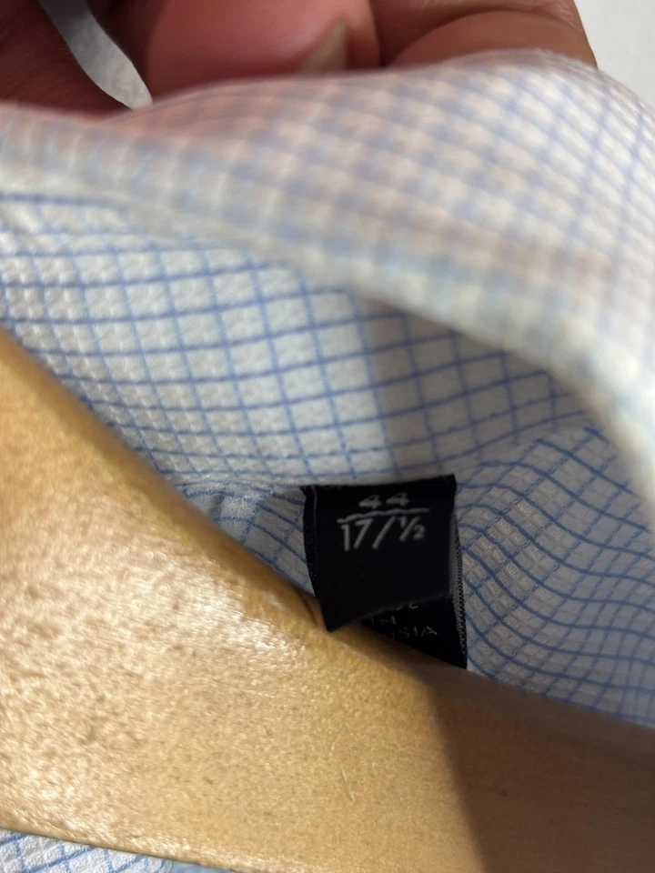 Camisa Emporio Armani Para Hombre 17.5 44 Azul Claro Calce Moderno Manga Larga Micro Cuadros Foto 4 de 4