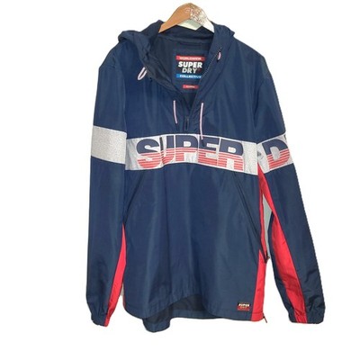 Superdry Worldwide Windjacke Herren Jacke gr. XL Halb Reißverschluss Blau Kapuze