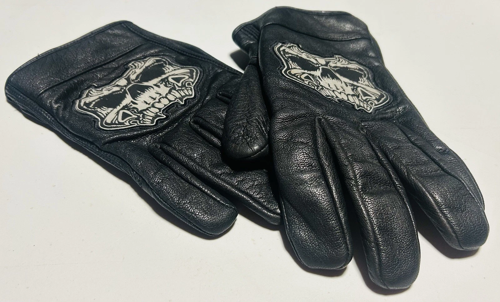 Men's Short Leather Motorcycle Gloves-Reflective Skull-Biker First Classics 3X