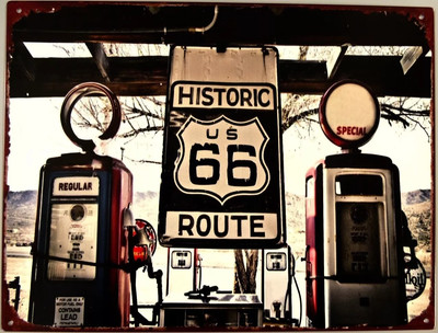 Blechschild Historic Route 66 Highway Tankstelle Zapfsäule Werkstatt 25x33cm