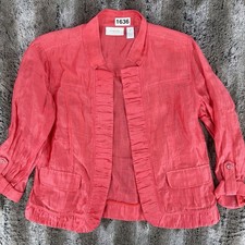 Chicos Coral Pink Linen Blend Ruffle Open Front Jacket Sz 1 M Coastal Natural