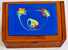Vtg Wooden Trinket Box  Colorful Abstract Blue Yellow Red Enamel Copper Top 1977