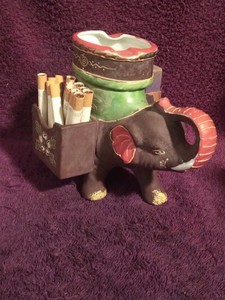 CERAMIC ELEPHANT COMBINATION CIGARETTE MATCH HOLDER & ASHTRAY