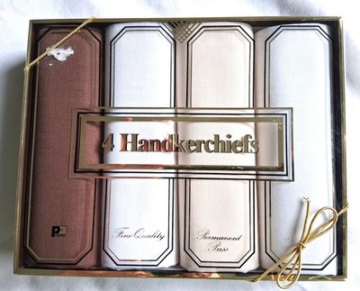 Vtg Men's 4 HANDKERCHIEFS Fine Quality Permanent Press pkg in gift box