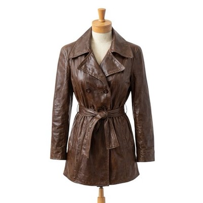 Vintage 1970s Italian Leather Trench Coat Belted Brown Vera Pelle