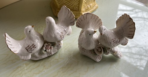 Vintage White Ceramic Gold Gilt Trim Turtle White Doves Figurine Set(2) wedding