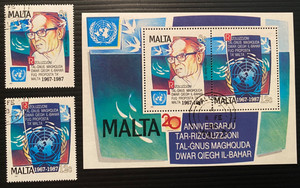 Malta 1987 United Nations Seabed Emblem Dr. Arvid Pardo, Used, Sc #707-709