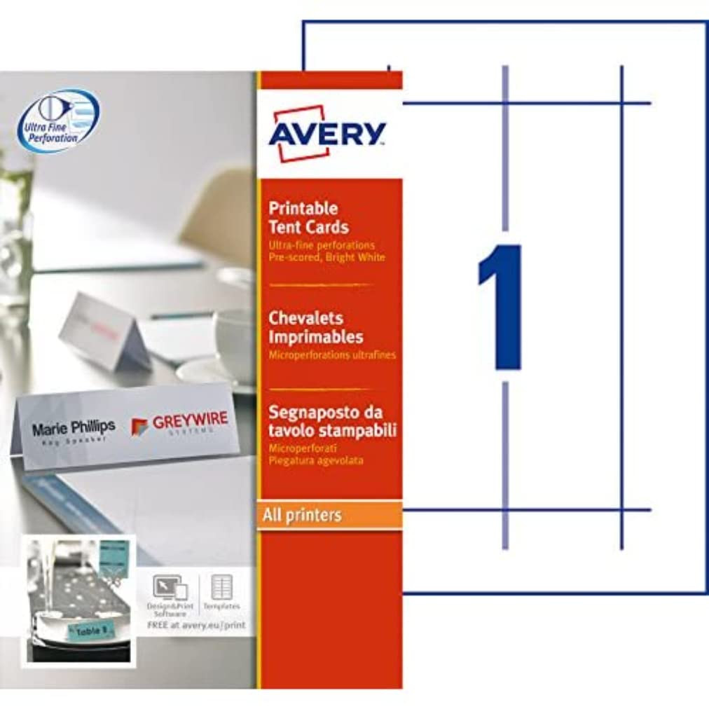 Avery L4796-20 Printable Place/Tent Cards, 1 Card Per A4 Sheet, White