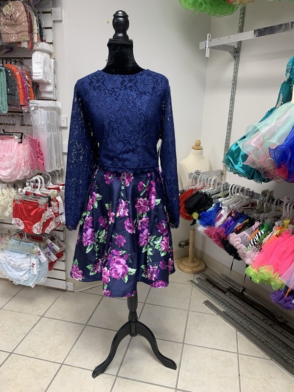 Size 24 Navy Floral Long Sleeve 2 Pc Prom Homecoming Cocktail Party Dress NWT