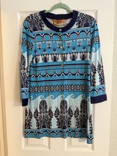 Tory Burch Blue Monochrome Geometric Pattern Tunic Dress Size L Gold Buttons