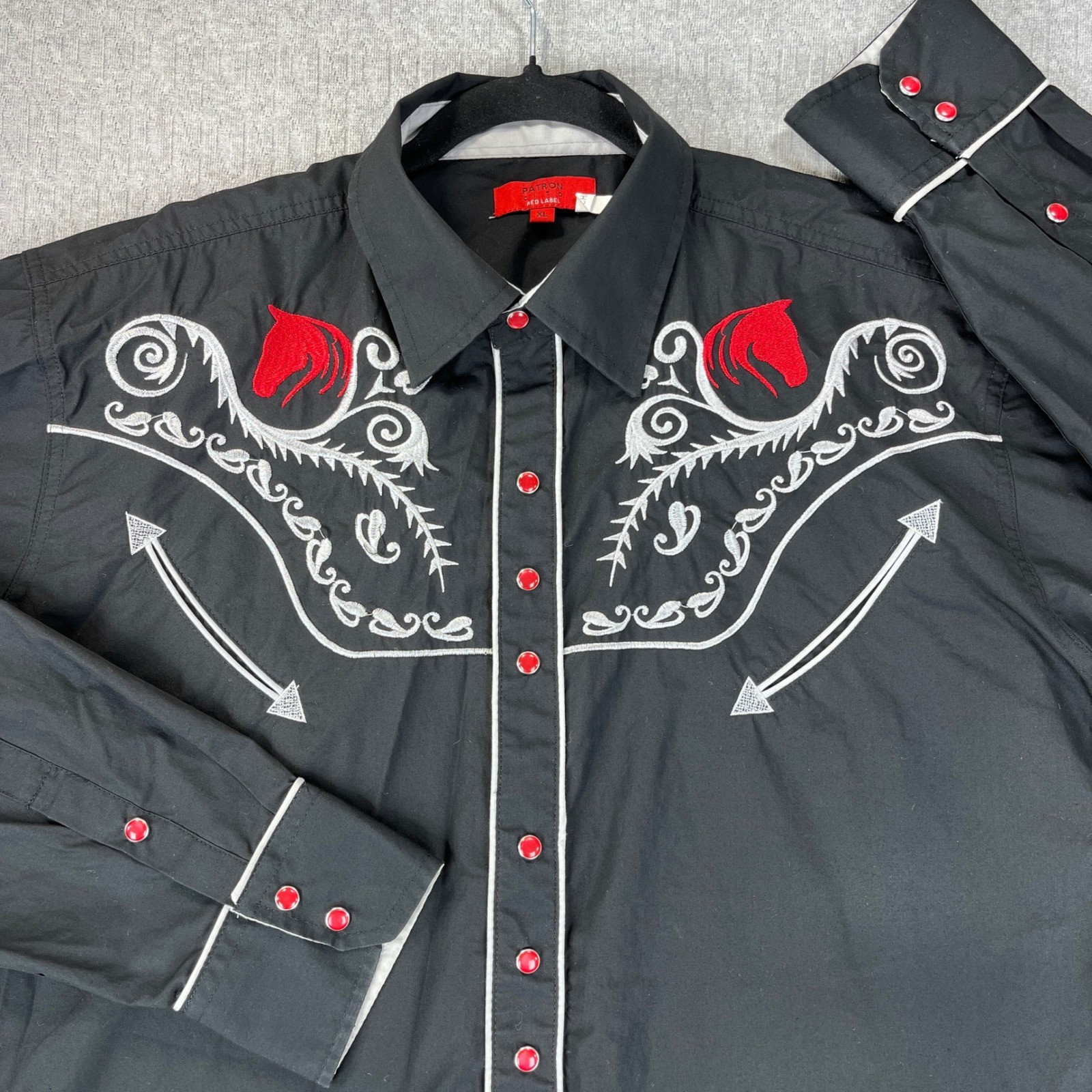 Patron red pearl snap Country Western Cowboy Black Shirt Men XL Horse Embroidery