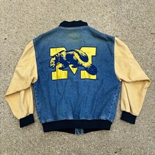 Vintage 90s Michigan Wolverines varsity jacket blue denim beige sleeves size M-L