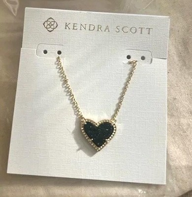  Kendra Scott Ari Heart Pendant Necklace Black Drusy Gold Plated new