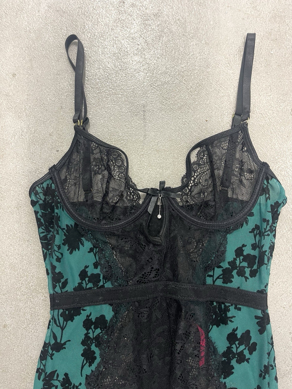 Seven Til Midnight Black Green Floral Garter Chemise Lingerie Mesh Sexy Bustier