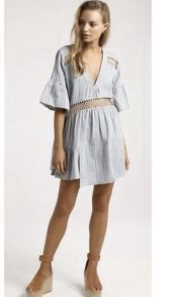 Vestido Suboo Azul Asimétrico, 100% Algodón, Encaje, Malla, Boho, Playa, Talla US 4 Foto 2 de 4