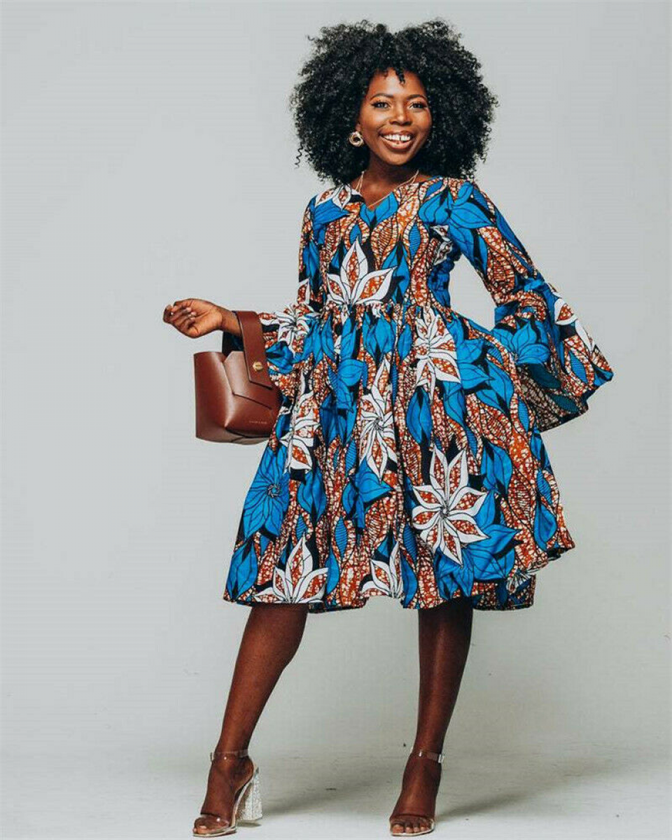 Women African Ankara Print Maxi Dress Attire Lotus Sleeve V Neck African  Dresses | eBay