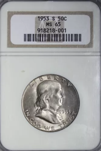 GEM BU 1953-S Franklin Half Dollar NGC MS65 Pleasing Toning OJEL