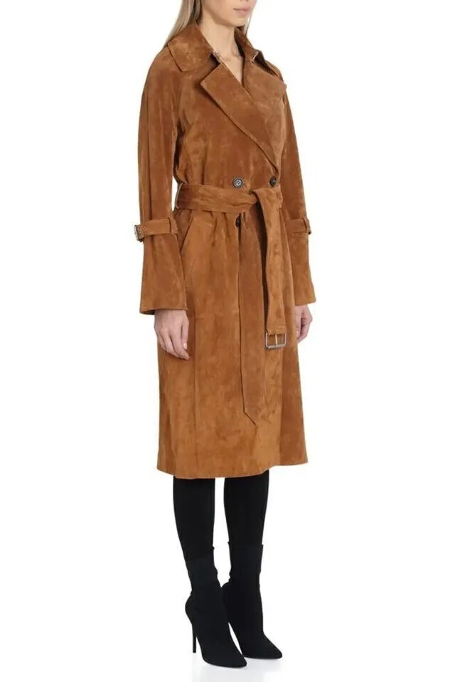 ジャケット・アウター FUGA Fake suede leather trench coat Women's 100% Pure Brown Suede Leather Trench Coat - Soft