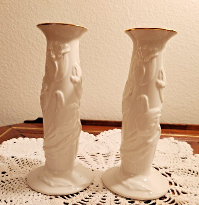 Two  7  Vintage Lenox White Porcelain Raised Design Tulip Candlestick holders