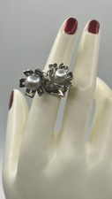VINTAGE 925 STERLING SILVER 15.2 gr BAROQUE FLOWERS PEARL RING Sz 5.75