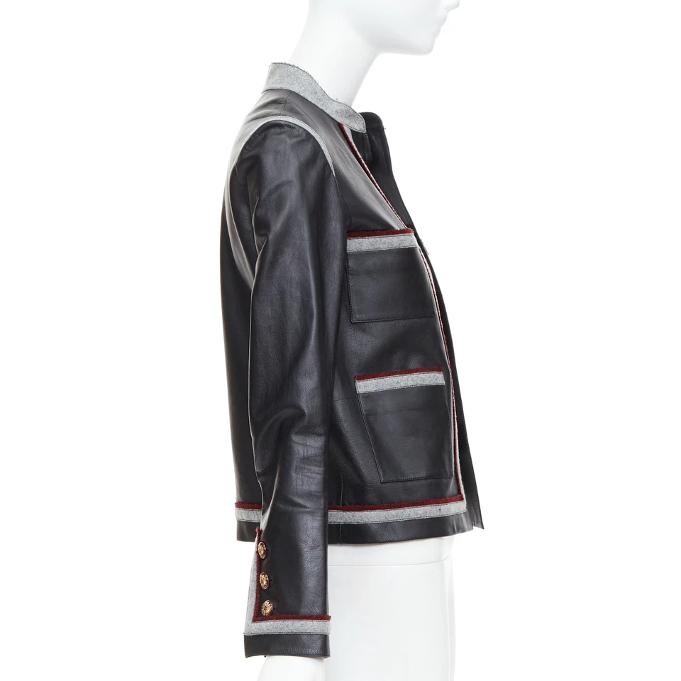 CHANEL 10A Paris Shanghai Runway black leather grey trim 4 pocket jacket FR36 S - Image 4 of 4