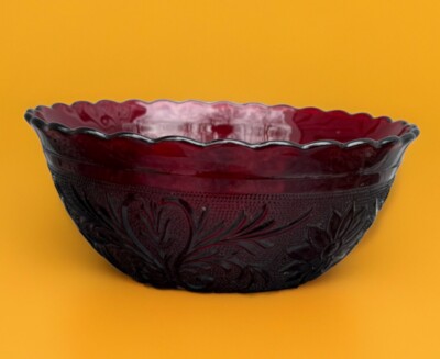 Anchor Hocking Royal Ruby 8  Scalloped Bowl Carved Daisy Pattern Vintage