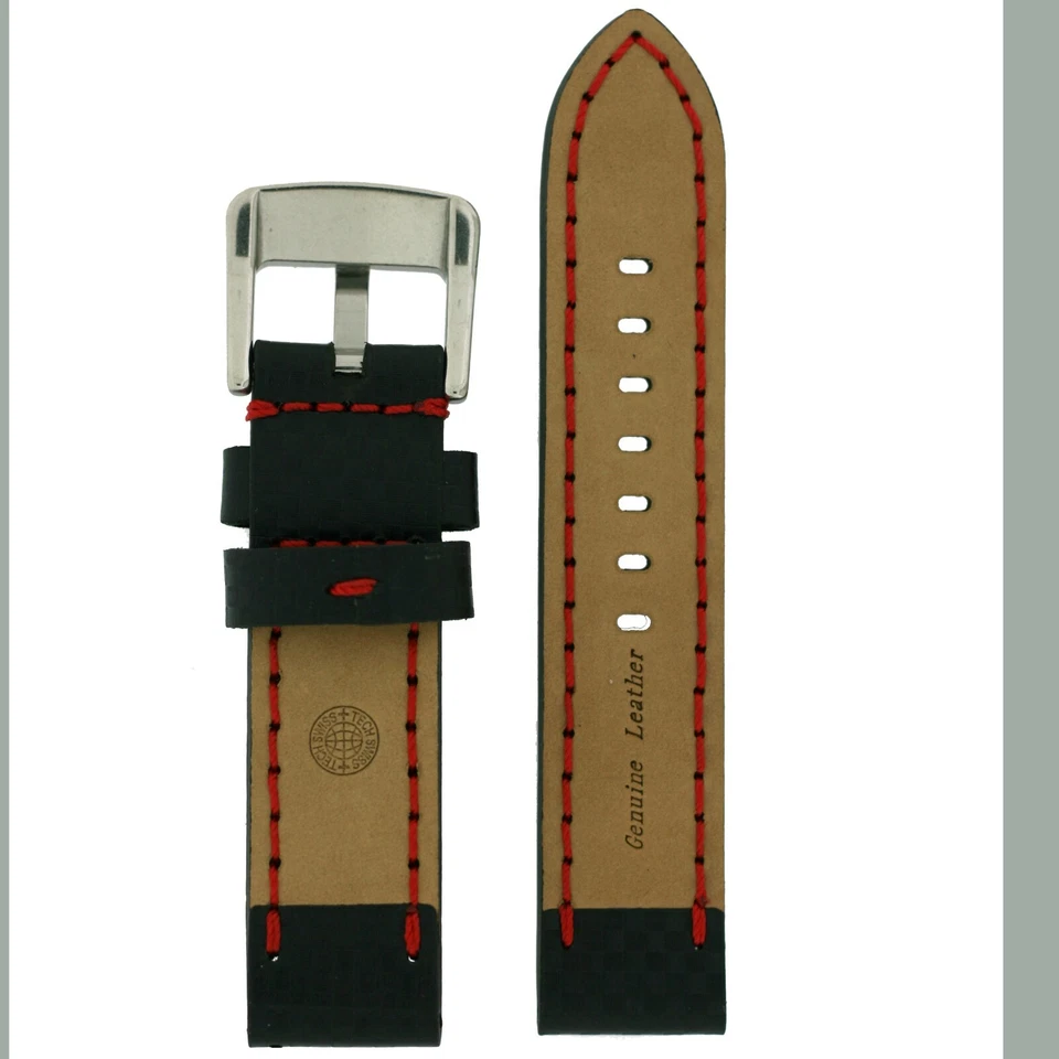Correa de reloj negra de fibra de carbono roja correa de costura hebilla pesada para hombre 22 mm 24 mm Foto 2 de 4